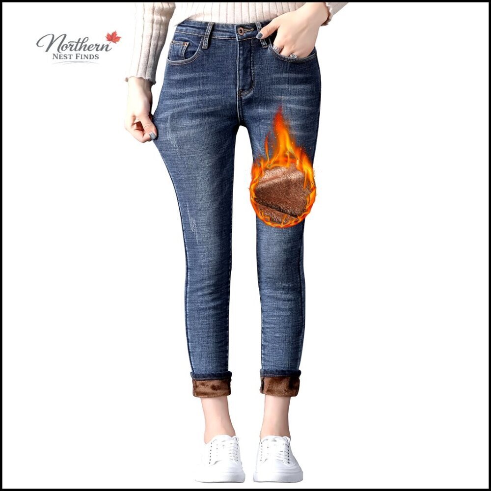 Fleece Lined Skinny Jeans Thermal Flannel Lined Winter Warm Stretch Denim Pants